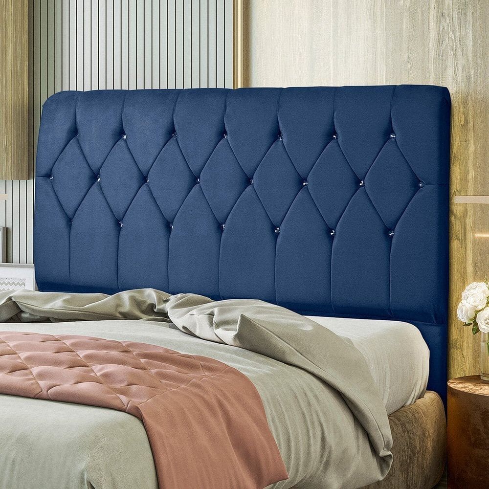 Cabeceira Málaga 90 Cm Solteiro com Botões de Strass Azul