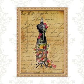 Quadro Moldura Dourada Manequim Costura Flores 45X34Cm