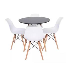 Conjunto De Mesa De Jantar Eames Eiffel Redonda 110cm Tampo De Madeira Preto Com 4 Cadeiras Brancas