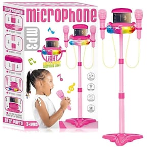 Pedestal Rosa Com 02 Microfones Com Luz E Som - Castela