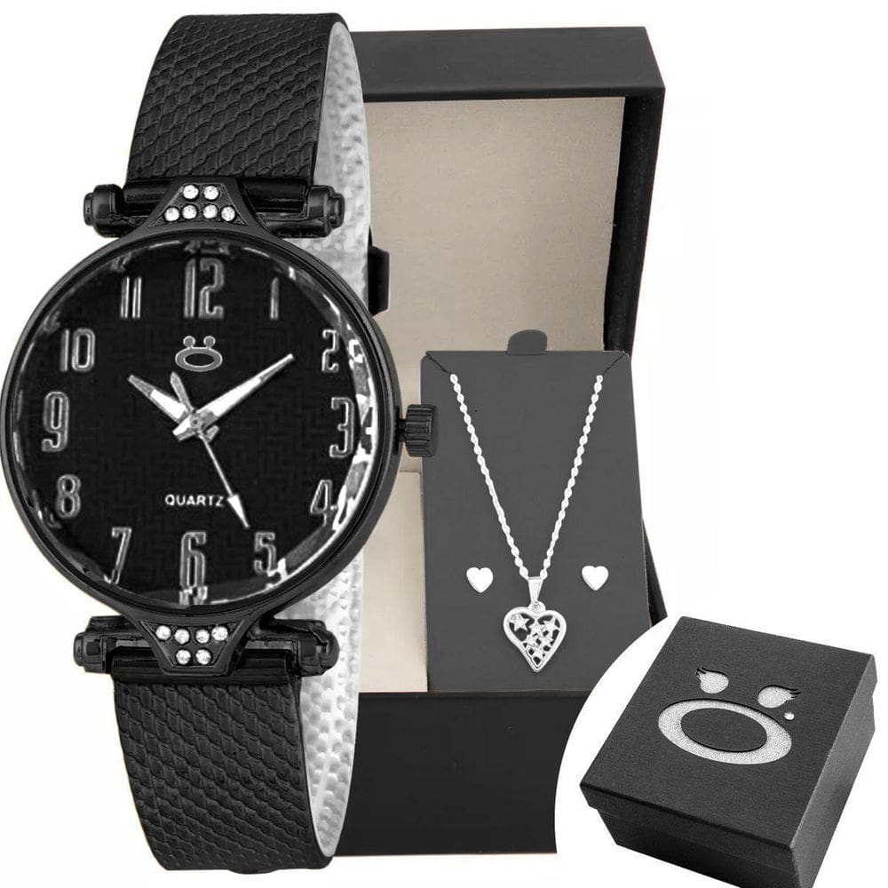 Relógio Feminino Preto Pulseira Silicone Ajustável + Colar +