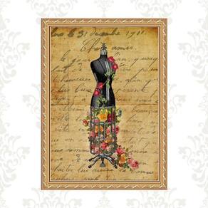 Quadro Moldura Dourada Manequim Costura Flores 33X24Cm