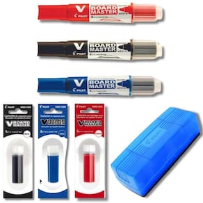 Kit 3 Marcadores Quadro Branco Recarregável + 3 Refil Marcador + Apagador De Quadro Branco Pilot Azul, Preto E Vermelho
