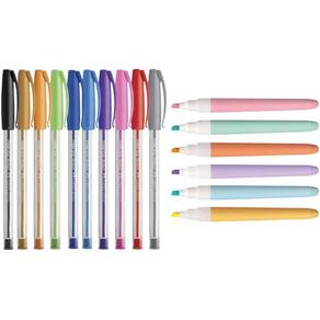 Kit Caneta Trilux Com 10 Cores + 6 Marca Texto Pastel Lumini Lite