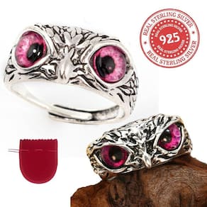 Anel Prata 925 Coruja Sabedoria Olho Rosa Ajustável
