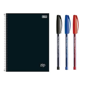Kit 1 Caderno Espiral Universitário 1 Matéria 80 Folhas Zip + 3 Canetas Esferográfica Trilux
