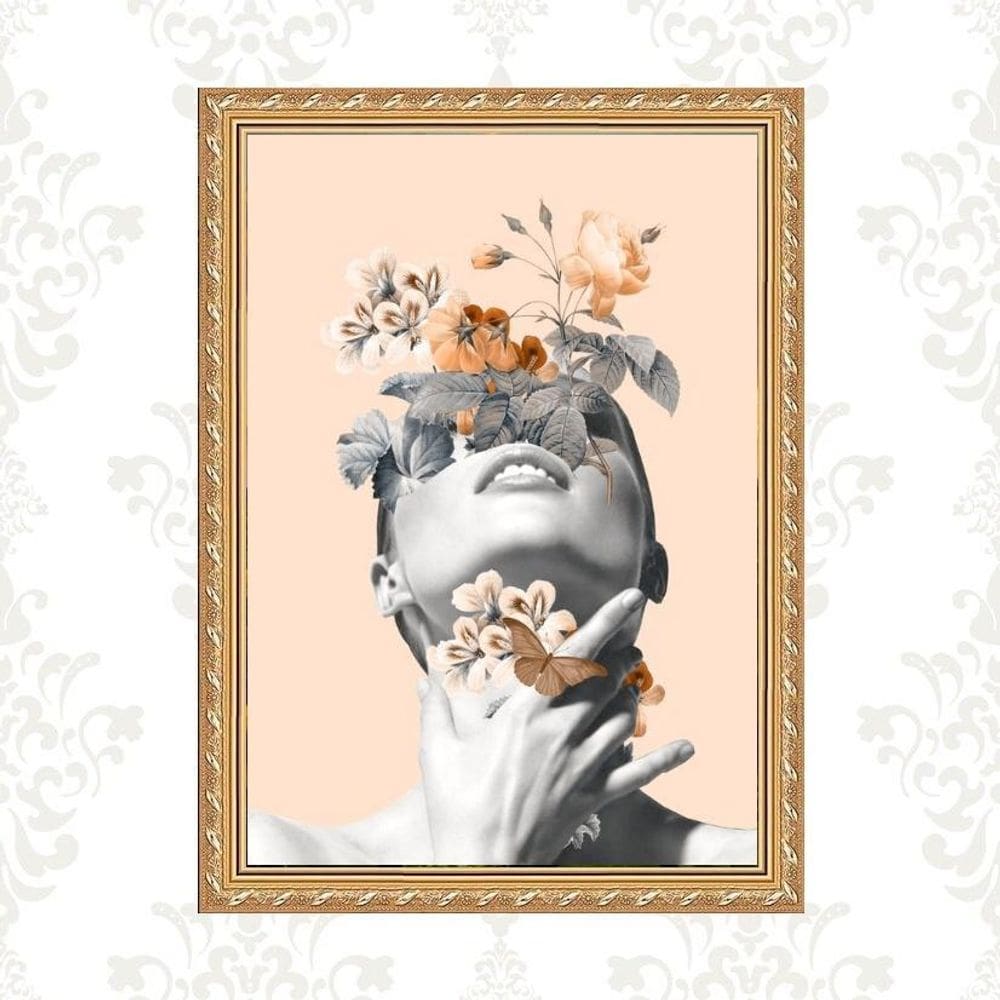 Quadro Moldura Dourada Mulher Flores Rosê 45X34Cm