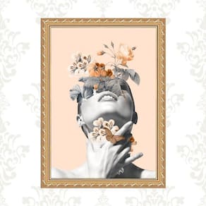 Quadro Moldura Dourada Mulher Flores Rosê 33X24Cm