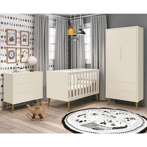 Dormitório Infantil Theo Retrô 2 Portas Cômoda E Berço Areia Fosco Com Pés Amadeirado Reller Móveis Areia Fosco