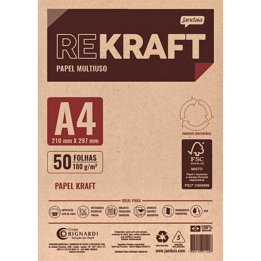 Papel Kraft Multiuso A4 180g-m² 50 Folhas Jandaia