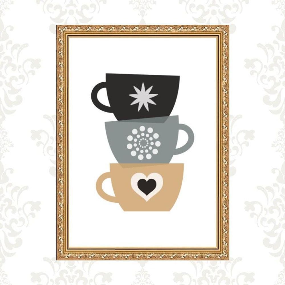 Quadro Moldura Dourada Xícaras De Café 33X24Cm