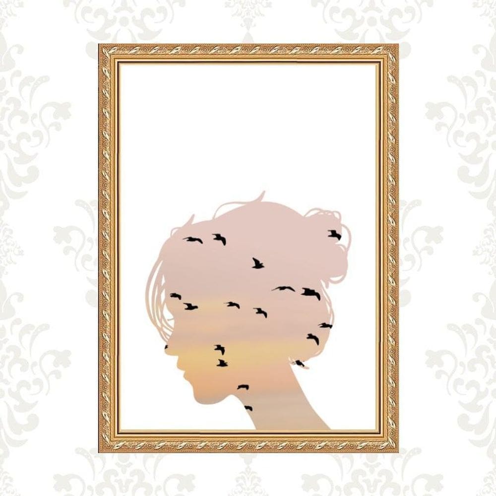 Quadro Moldura Dourada Menina Com Pássaros 45X34Cm