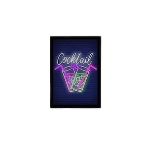 Quadro Cocktail Bar Simulando Neon 45X34 Com Vidro Preta