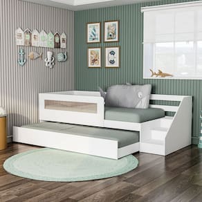 Bicama Infantil Space Solteiro com Rattan, Grade de Proteção e Escada de Fácil Acesso Casatema Branco