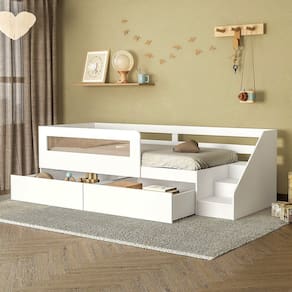 Cama Infantil Space Solteiro com 2 Gavetas, Rattan, Grade de Proteção e Escada de Acesso Casatema Branco