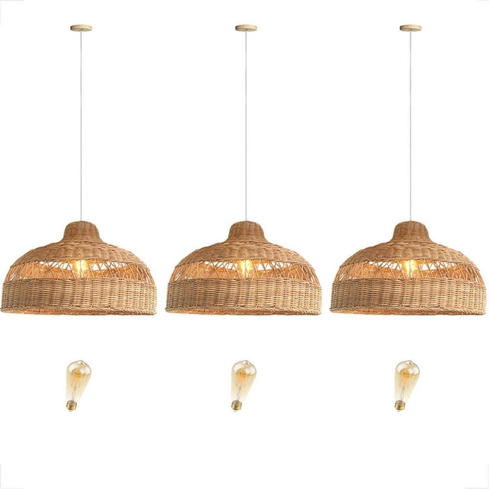 Kit 3 Pendente Boho Fibra Natural Rattan Bancada Nat77 + Led