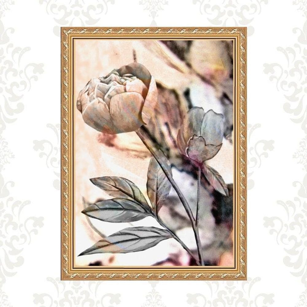 Quadro Moldura Dourada Flor Rosada 24X18Cm