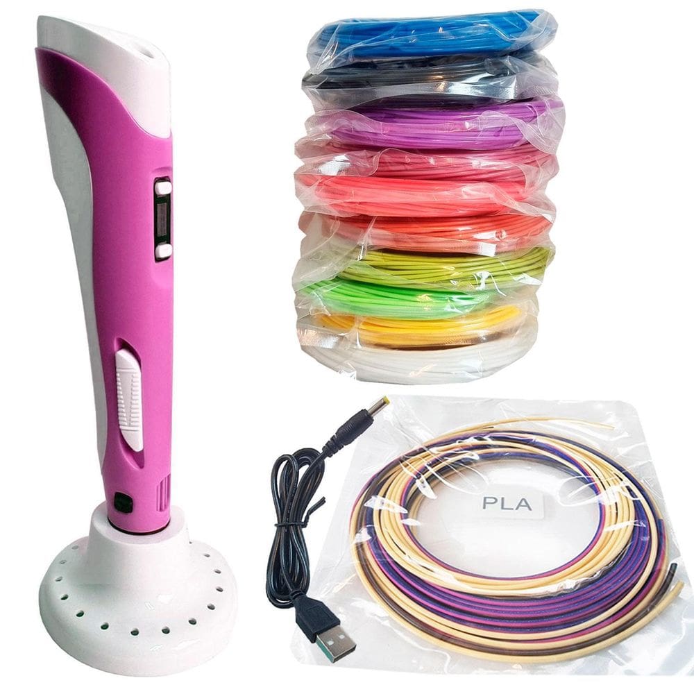 Kit Caneta 3D Rosa Pla Abs Com Refil 10 Cores Usb Controle