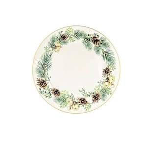 Prato Raso Em Cerâmica 27cm Decorado Com Pinhas E Galhos De Pinheiro
