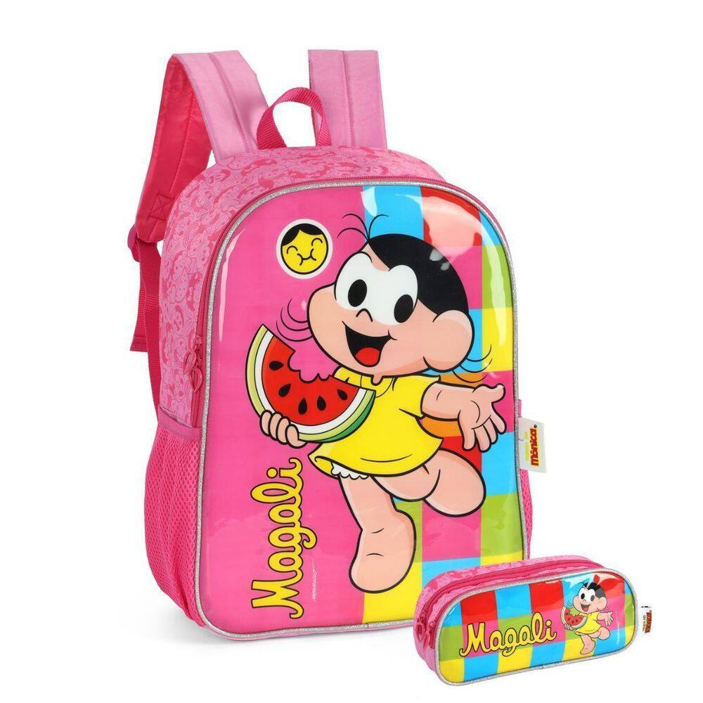 Kit Mochila Costas Com Estojo Duplo Turma Da Mônica - Rosa