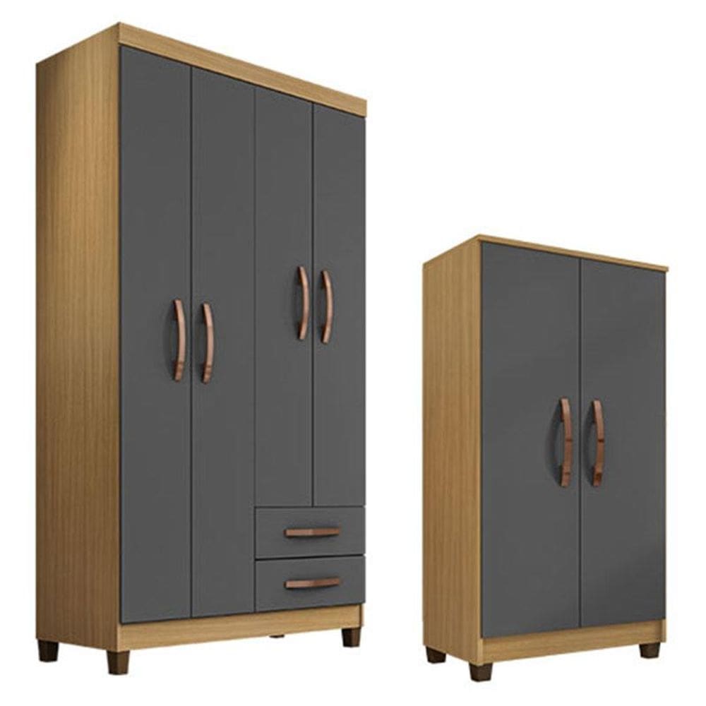 Guarda Roupa Solteiro Modena com 4 Portas e Armário Multiuso Recife Carvalho Americano Grafite - Incorplac
