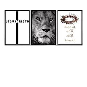 Kit 3 Quadros Leão Jesus Cristo 33X24 C/Vidro Madeira Preta