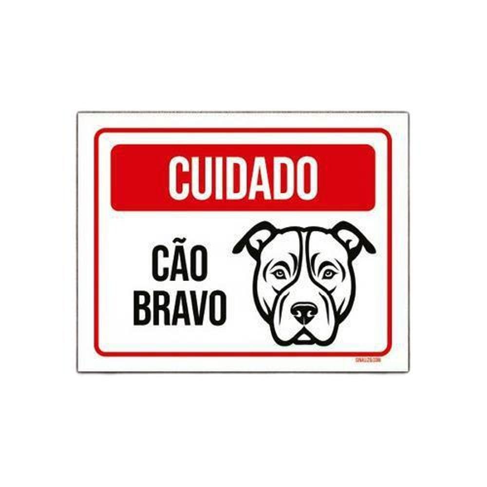 Placa Sinalização - Cuidado Cão Bravo Preto Branco 36X46
