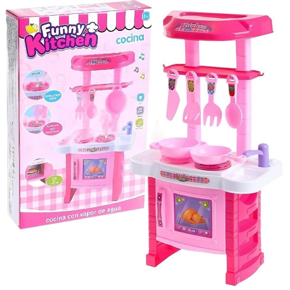 Cozinha Infantil Rosa Som Luz Vapor Água Acessórios Castela