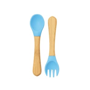 Kit Talheres Infantil Bambu E Silicone 2 Peças Azul Petit