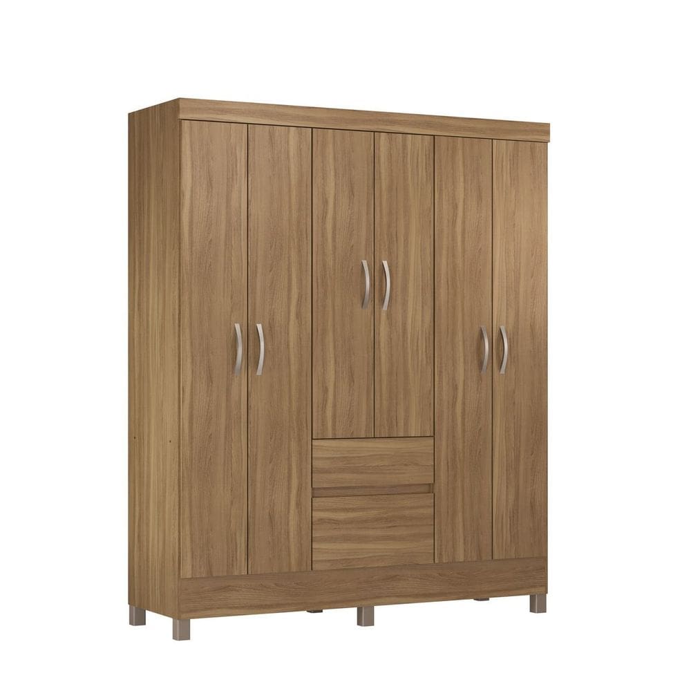 Guarda Roupa Casal 6 Portas 2 Gavetas 2 Prateleiras 3 Cabideiros Pés PVC Flash II