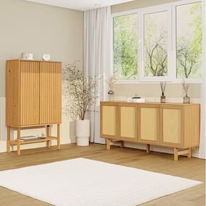 Kit Balcão 4 Portas Rattan com Cristaleira Porta Ripada Magna Cabecasa Madeiramadeira Mel