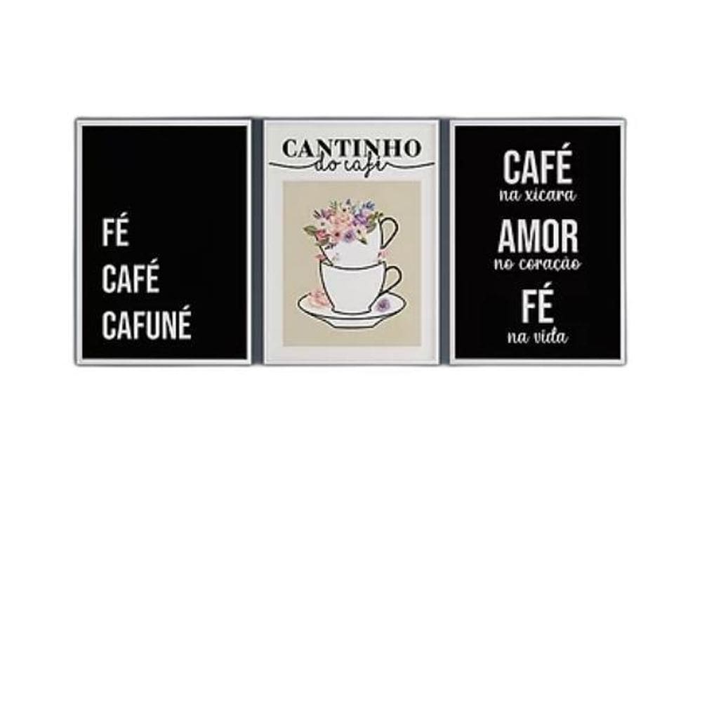 Kit 3 Quadros Café Cafuné 33x24cm Moldura Branca