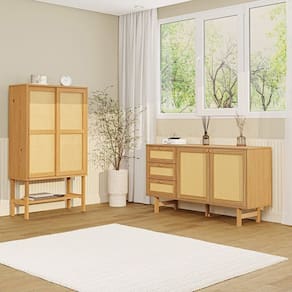 Kit Buffet 2 Portas 3 Gavetas Rattan e Cristaleira Porta Rattan Magna Cabecasa Madeiramadeira Mel