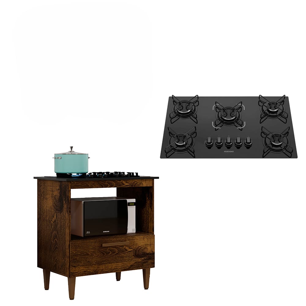 Kit Balcão Eliz 1 Porta Ypê com Fogão Cooktop 5 Bocas Itatiaia Preto