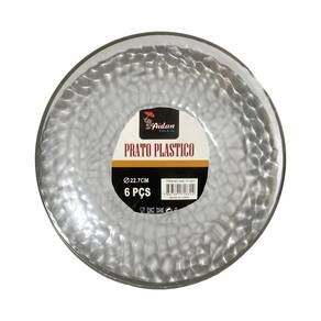Kit 6 Pratos Redondo Transparente Acrílico Borda Prata 22Cm