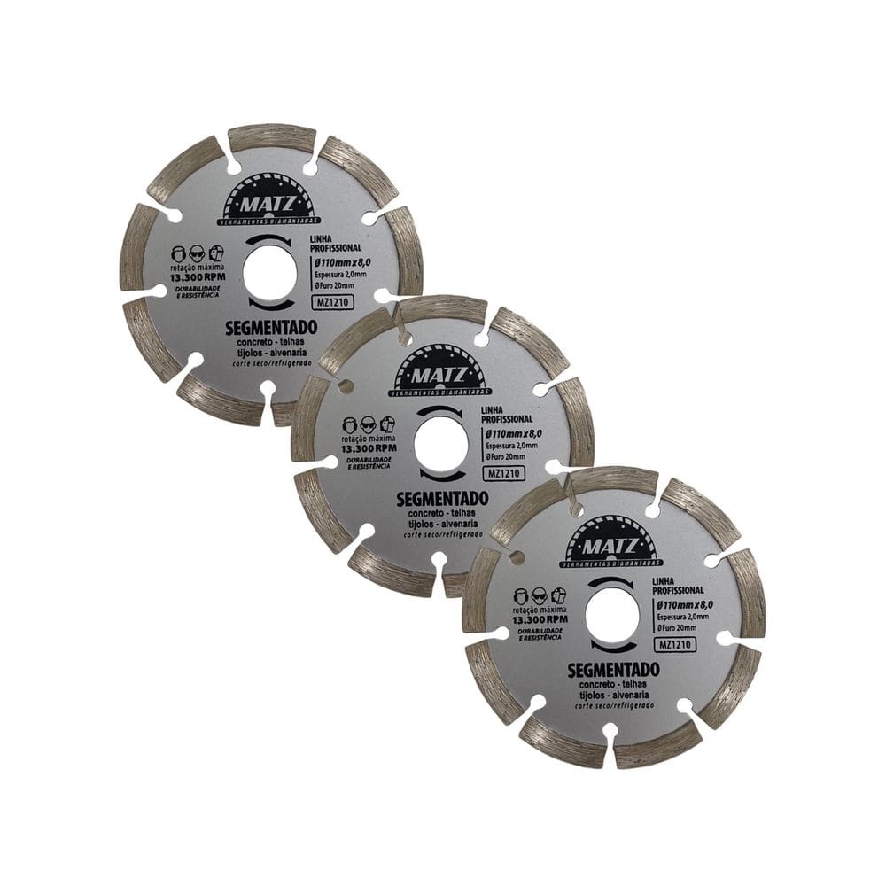 Kit 3 Disco De Corte Diamantado Segmentado 8Mm 110X20Mm Matz