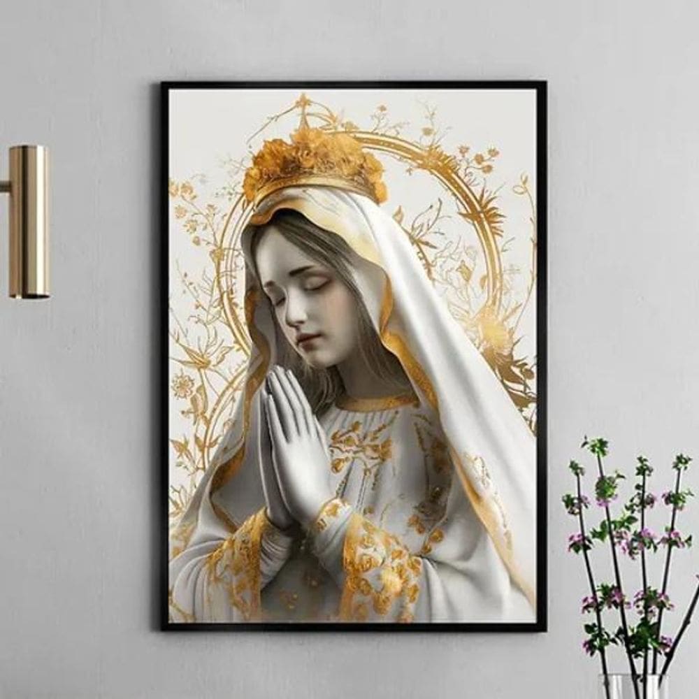 Quadro Nossa Senhora Fátima Branco E Ouro 33X24Cm - Vidro