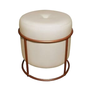 Puff Decorativo Redondo Para Sala Argola Pérola Bege Base Pés bronze tecido veludo