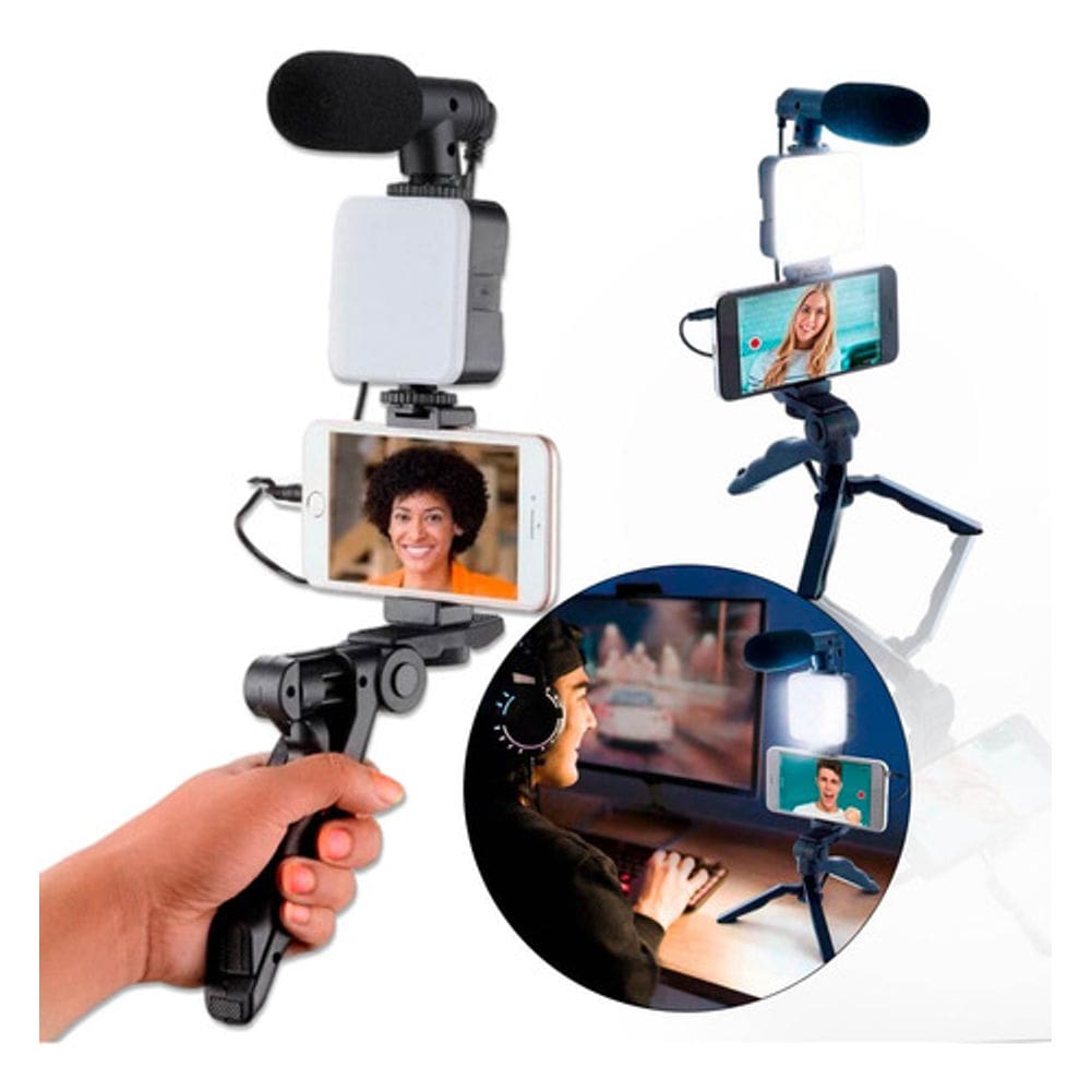 Kit Gravação 5 Em 1 Celular Tripé Led Microfone Controle