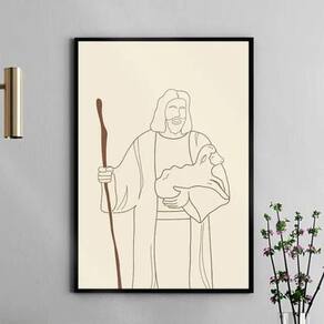 Quadro Jesus Com Cajado - One Line 33X24Cm - Com Vidro