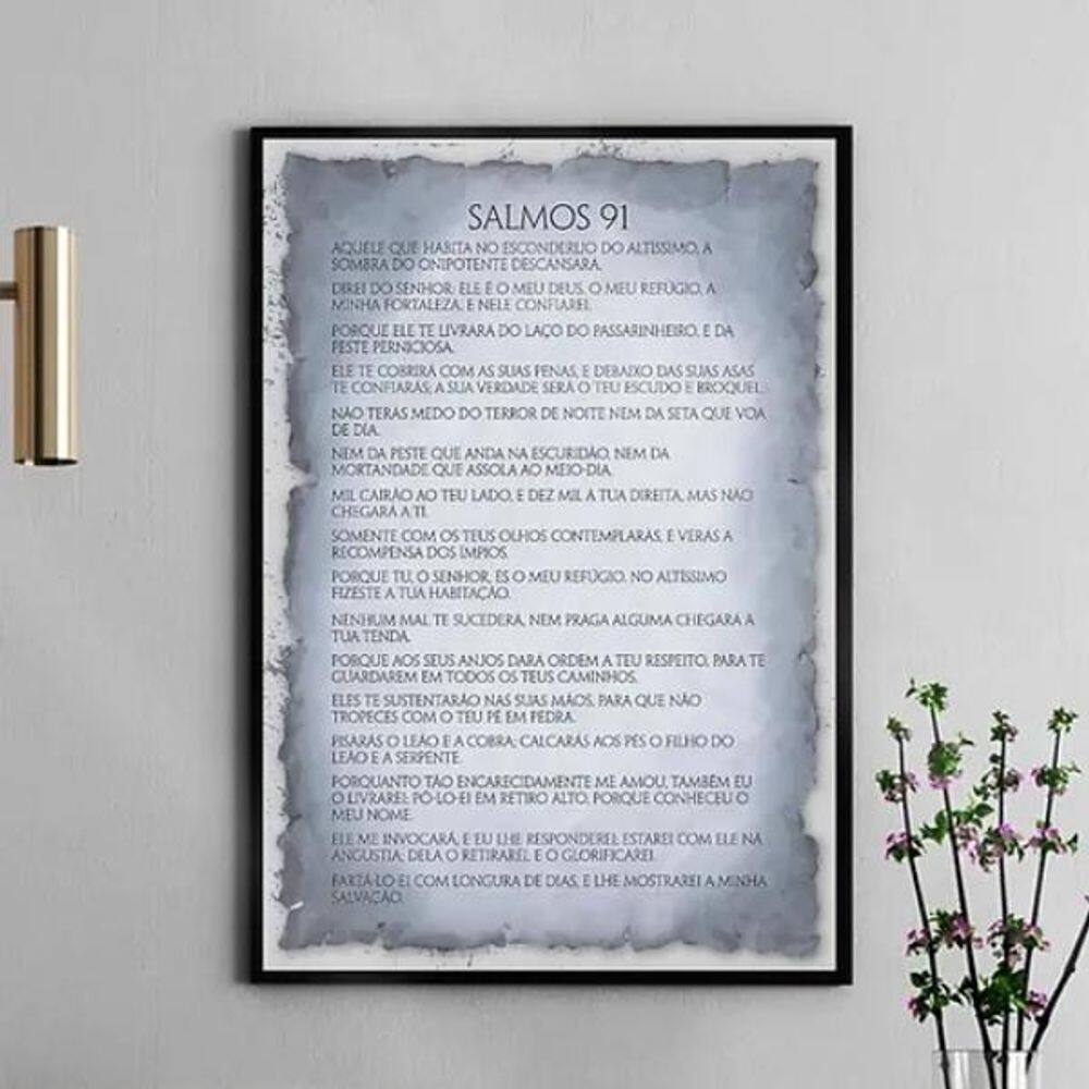 Quadro Salmo 91 - Papiro Cinza 33X24Cm - Com Vidro