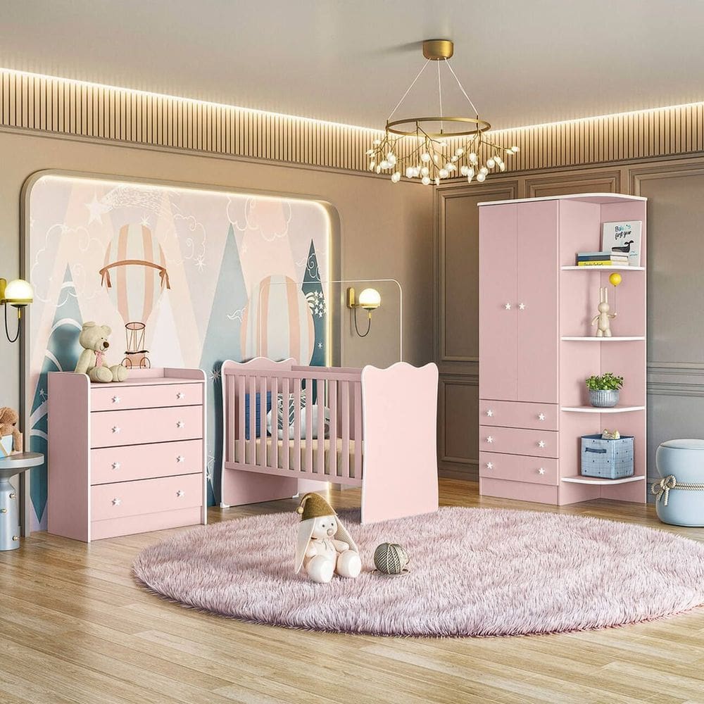 Jogo De Quarto Completo Infantil Bebê Guarda Roupa 2 Portas Cômoda 4 Gavetas Berço Simples C/ Rodízios Doce Sonho 825 / 1 / 2523