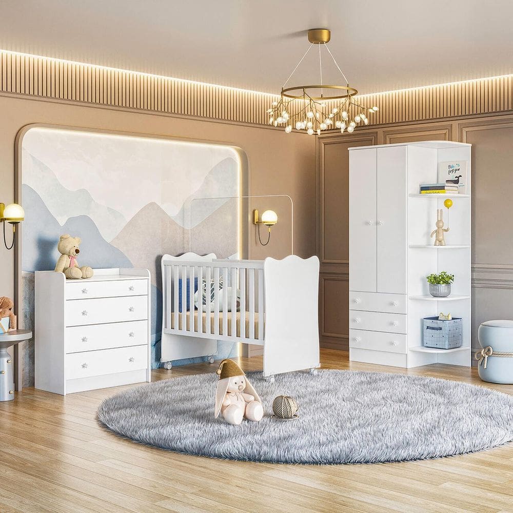 Jogo De Quarto Completo Infantil Bebê Guarda Roupa 2 Portas Cômoda 4 Gavetas Berço Simples C/ Colchão C/ Rodízios Doce Sonho 825 / 1 / 2523