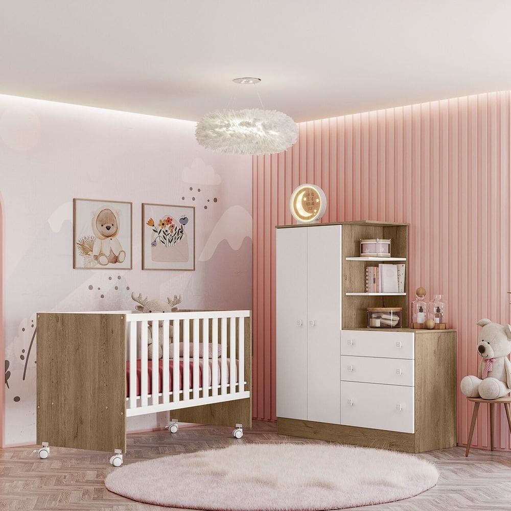 Jogo De Quarto Completo Infantil Bebê Guarda Roupa Com Cômoda 2 Portas 3 Gavetas Berço 4 Rodízios C/ Colchão 4070 / 3540 Doce Sonho