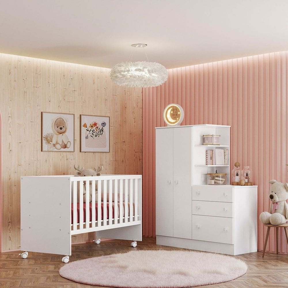 Jogo De Quarto Completo Infantil Bebê Guarda Roupa Com Cômoda 2 Portas 3 Gavetas Berço 4 Rodízios 4070 / 3540 Doce Sonho