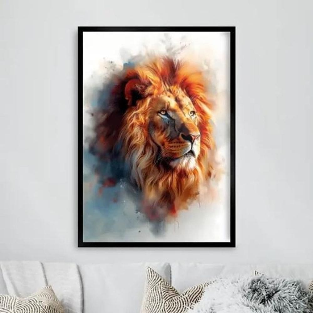 Quadro Leão Majestoso - Aquarela 33X24Cm