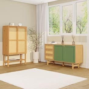 Kit Buffet 2 Portas Laca 3 Gavetas Rattan com Cristaleira Porta Rattan Magna Cabecasa Madeiramadeira Mel/Verde