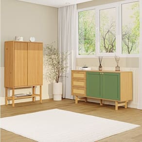 Kit Buffet 2 Portas Laca 3 Gavetas Rattan com Cristaleira Porta Ripada Magna Cabecasa Madeiramadeira Mel/Verde