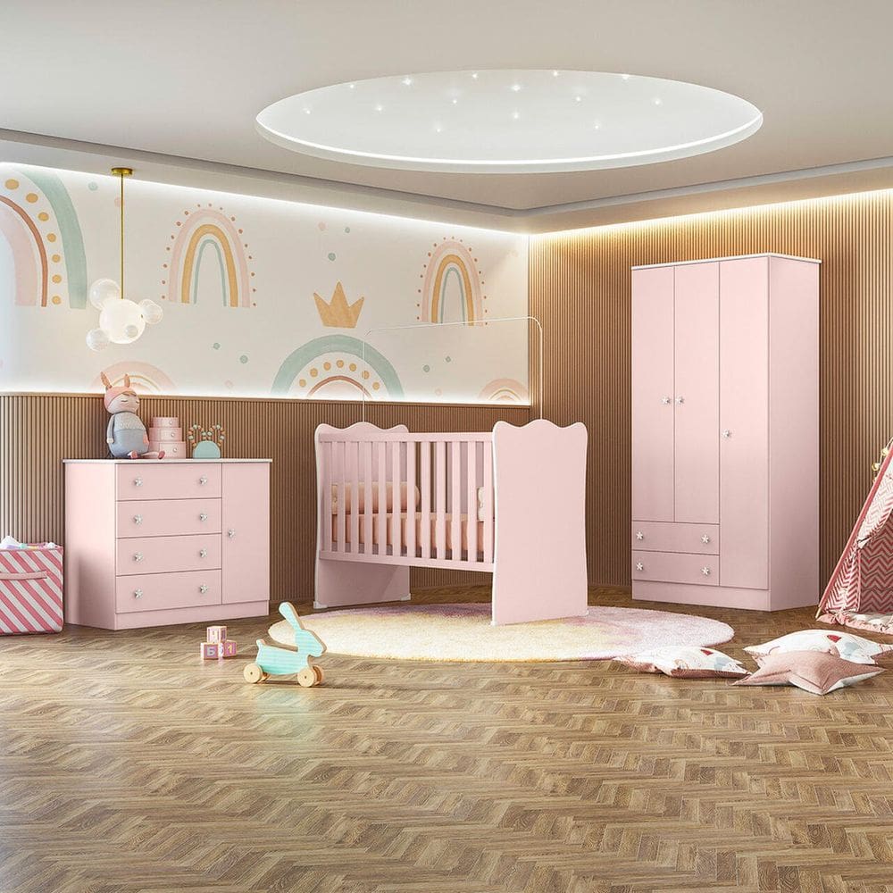 Jogo De Quarto Completo Infantil Bebê Guarda Roupa 3 Portas Cômoda 4 Gavetas Berço Simples C/ Colchão Doce Sonho 2617 / 2561 / 1