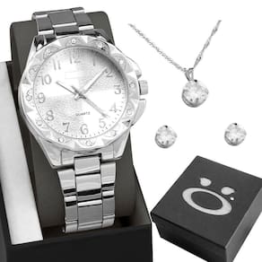 Brincos Strass Colar + Caixa + Relogio Aço Feminino Prata